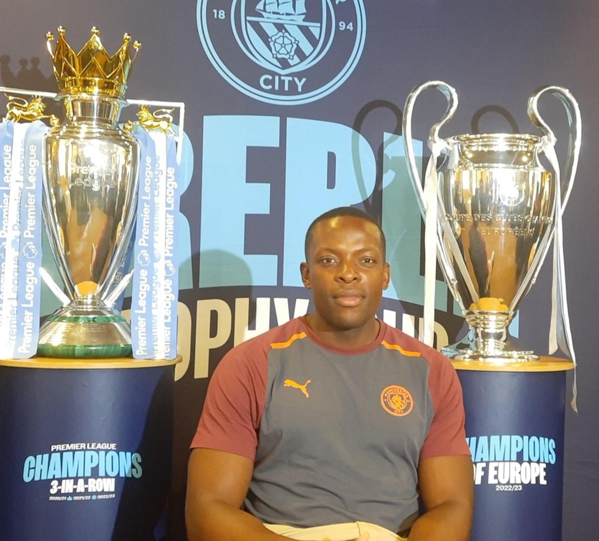 Nedum Onuoha, who is part of the tour, at a Manchester City event in Kochi.