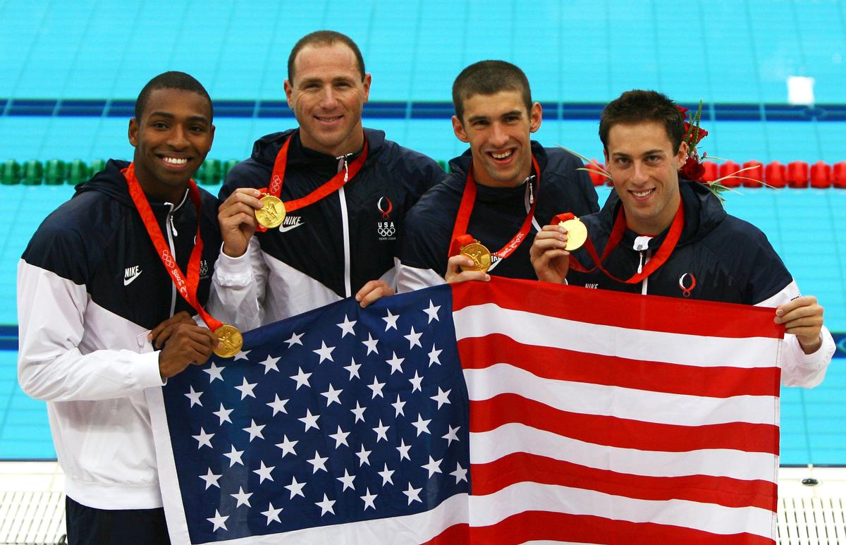 Team USA broke its own men’s 4 × 100 m freestyle relay world record at the 2008 Beijing Olympics.