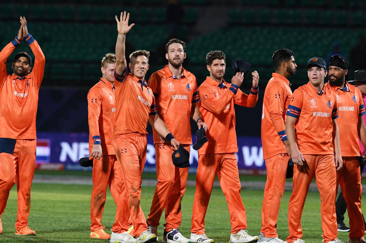Netherlands players after defeating South African in the ICC Cricket World Cup 2023.