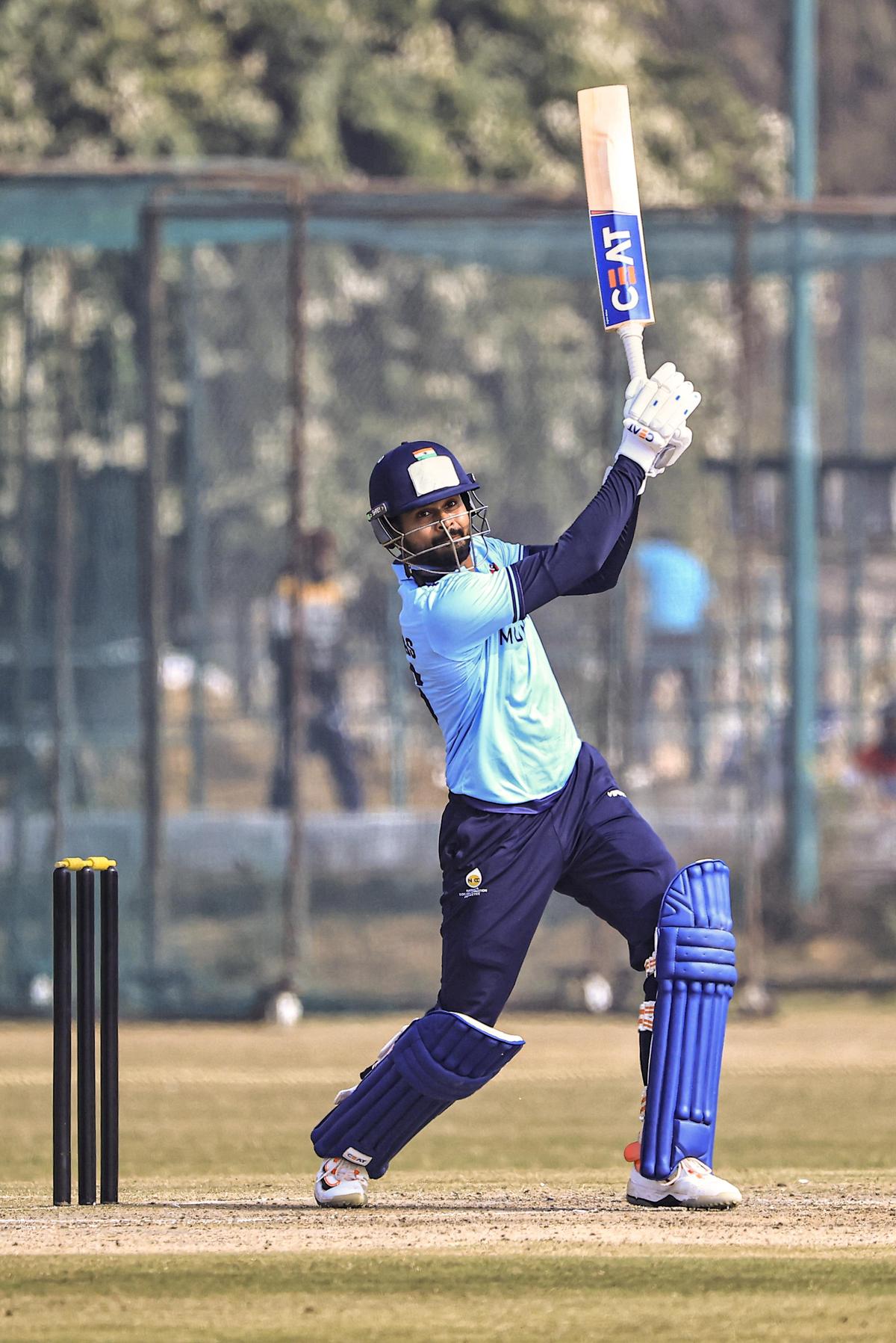 Mumbai's captain Shreyas Iyer plays a shot during the Vijay Hazare Trophy 2025-26 cricket match between Mumbai and Himachal Pradesh.