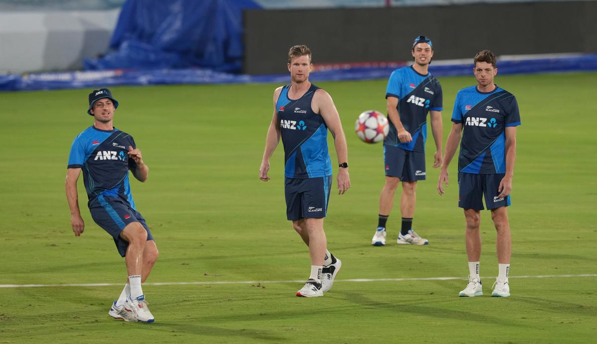 New Zealand’s players during a practice session ahead of the ICC Men’s Cricket World Cup 2023 match against Netherlands, at Rajiv Gandhi International Cricket Stadium, in Hyderabad.