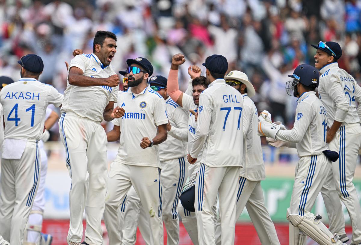  Indiaâs Ravichandran Ashwin with teammates celebrates the wicket of Englandâs Joe Root during the third day of fouth Test match between India and England at JSCA International Stadium Complex on February 25, 2024 in Ranchi.