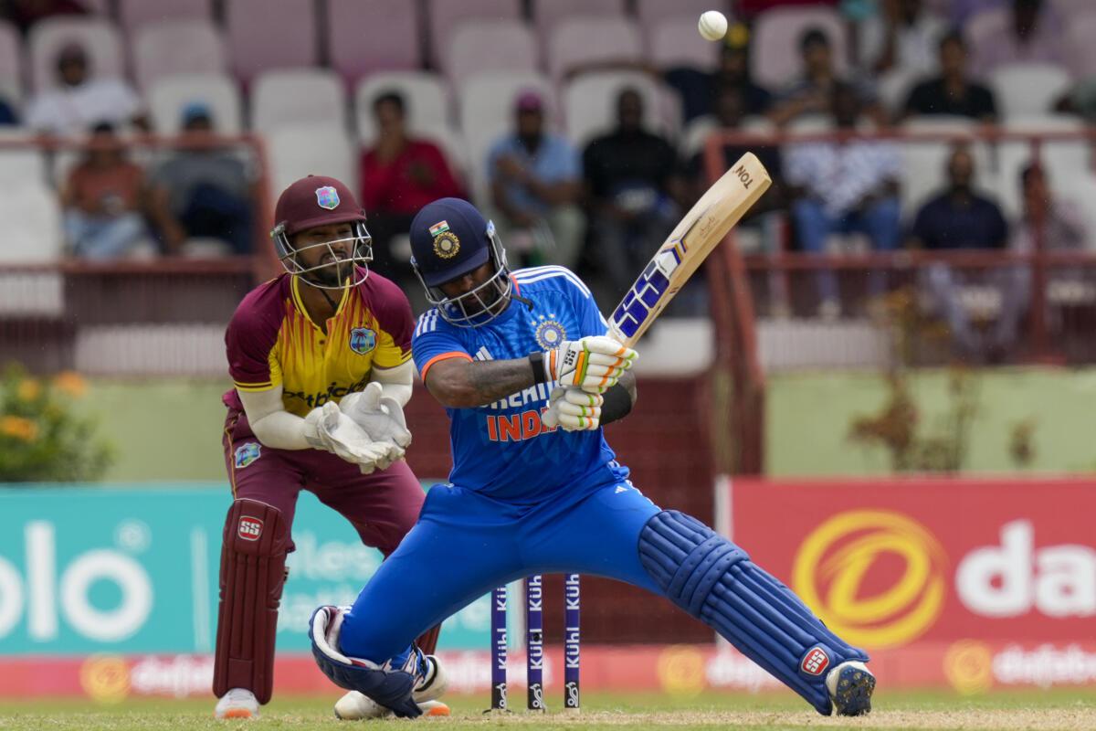 India’s Suryakumar Yadav plays a shot against West Indies during the third T20. 