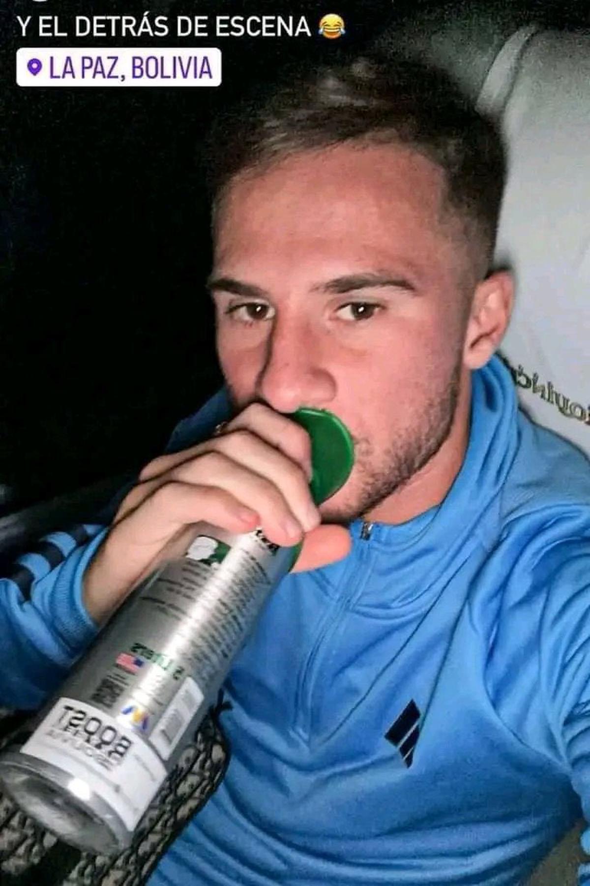 Argentine midfielder using an oxygen tube after arriving at La Paz, Bolivia. 