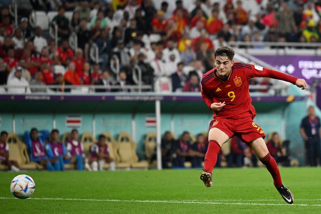 Gavi of Spain scores the fifth goal during the FIFA World Cup Qatar 2022 Group E match between Spain and Costa Rica at Al Thumama Stadium on November 23, 2022 in Doha, Qatar.