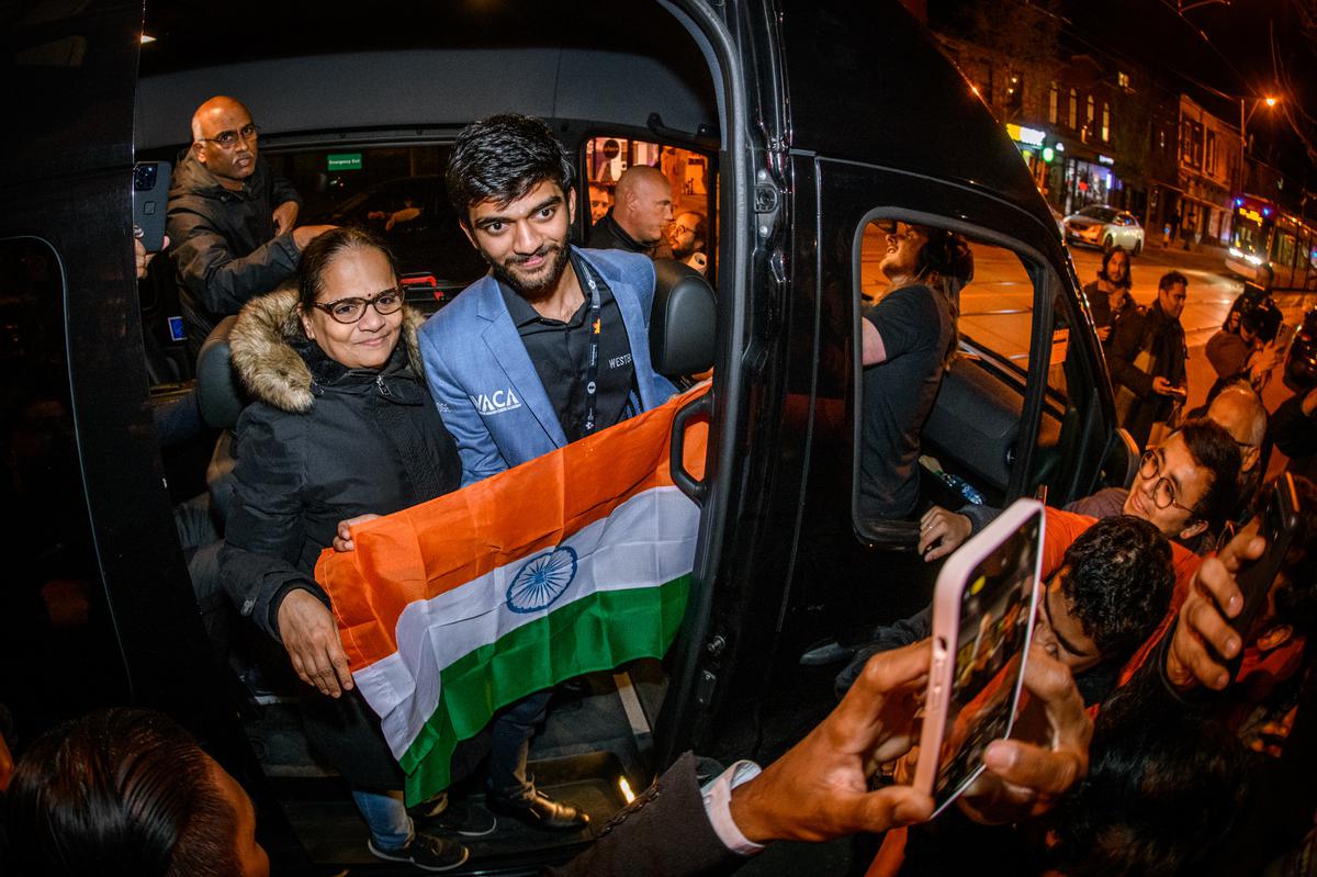 Joyous moment: D. Gukesh mobbed by fans after winning the 2024 FIDE Candidates tournament.