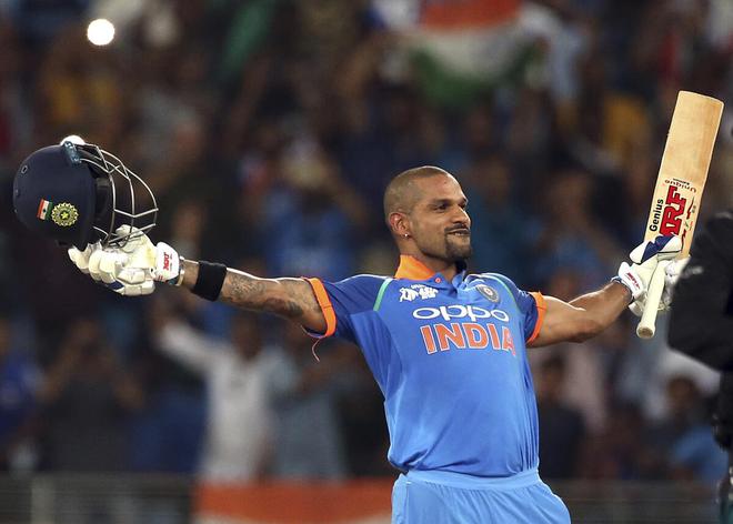 Shikhar Dhawan celebrates after scoring the goal of the century during the Asia Cup match between India and Pakistan in Dubai on September 23, 2018. 