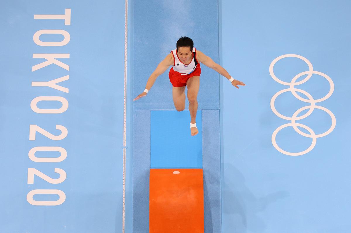 Jeahwan Shin of South Korea competes during the men’s vault final on day ten of the Tokyo 2020 Olympic Games.