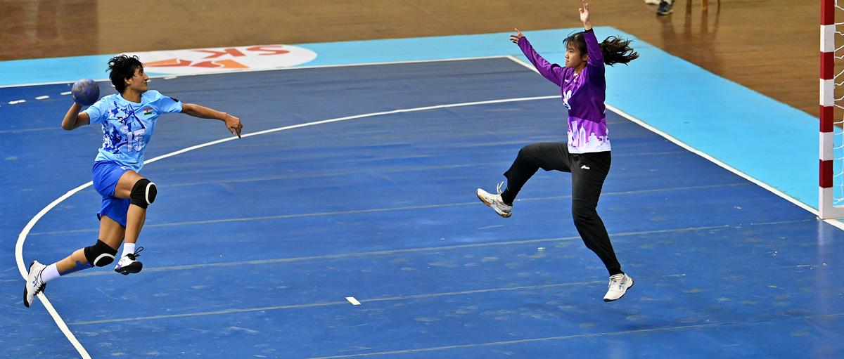 Bhawana, scores a goal during the Asian women’s handball championship in Delhi on Tuesday.