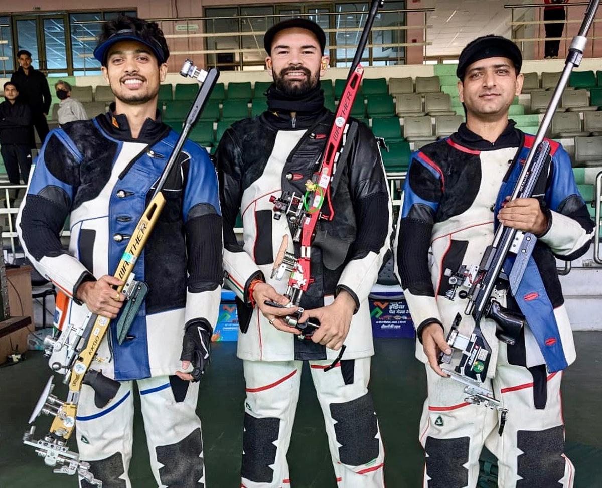 Swapnil Kusale, topper Akhil Sheoran, Chain Singh in rifle 3-position event in the National shooting trials in Delhi on Wednesday.