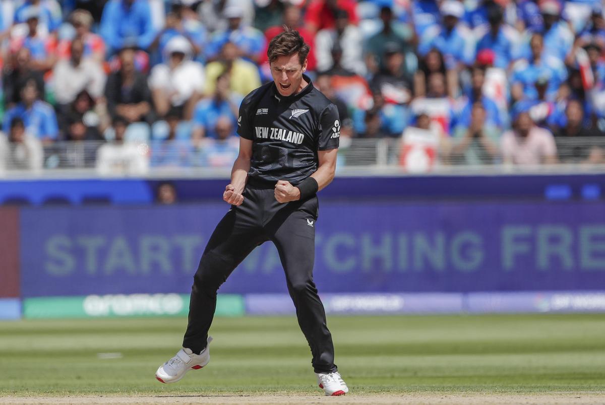 FILE PHOTO: Matt Henry celebrates a wicket during the IND vs NZ game in the 2025 Champions Trophy