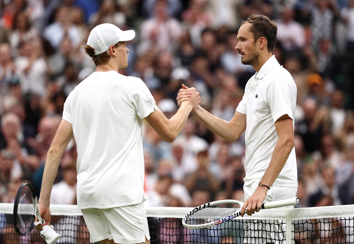 Medvedev shakes Sinner’s hand following the former’s victory in the The Championships Wimbledon 2024 at All England Lawn Tennis and Croquet Club.