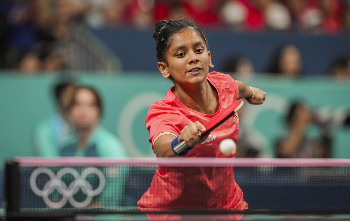 India’s Sreeja Akula plays during the Women’s Team Table Tennis Quarterfinal match between India and Germany. 