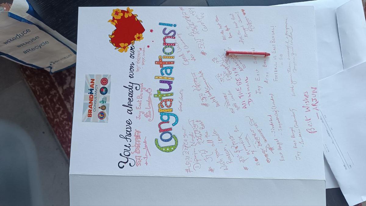 East Bengal u-21 side given greeting cards by fans in London.