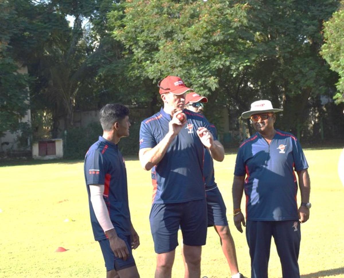 Sakib with McGrath and Senthilnathan at the MRF Pace Foundation.