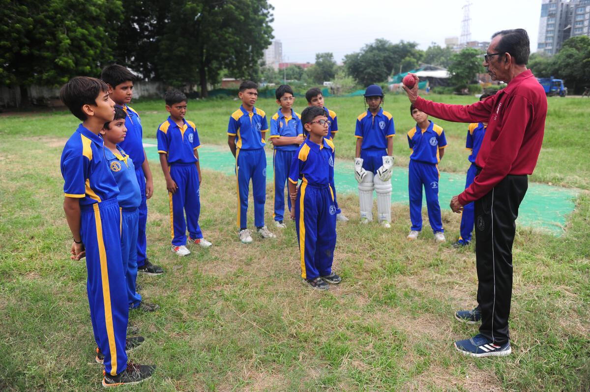 Kishore Trivedi, Jasprit Bumrah’s childhood coach, training his wards at the Royal Cricket Academy in Ahmedabad.