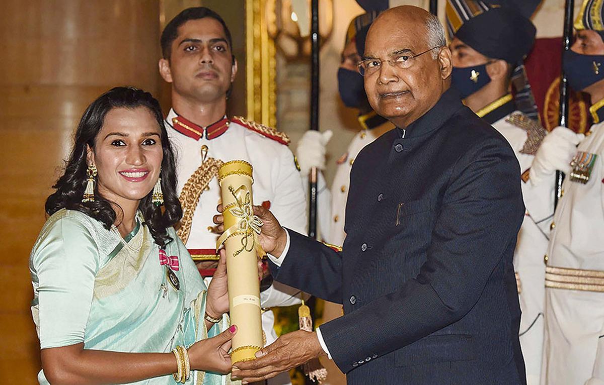 President Ram Nath Kovind presents the Padma Shri award to hockey player Rani Rampal at Rashtrapati Bhawan, in New Delhi.