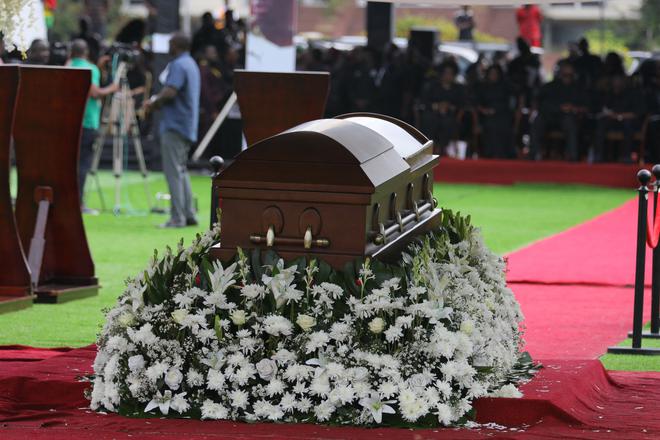 The coffin of former Ghanaian footballer Christian Atsu is seen during his funeral at the State House in Accra, Ghana. 