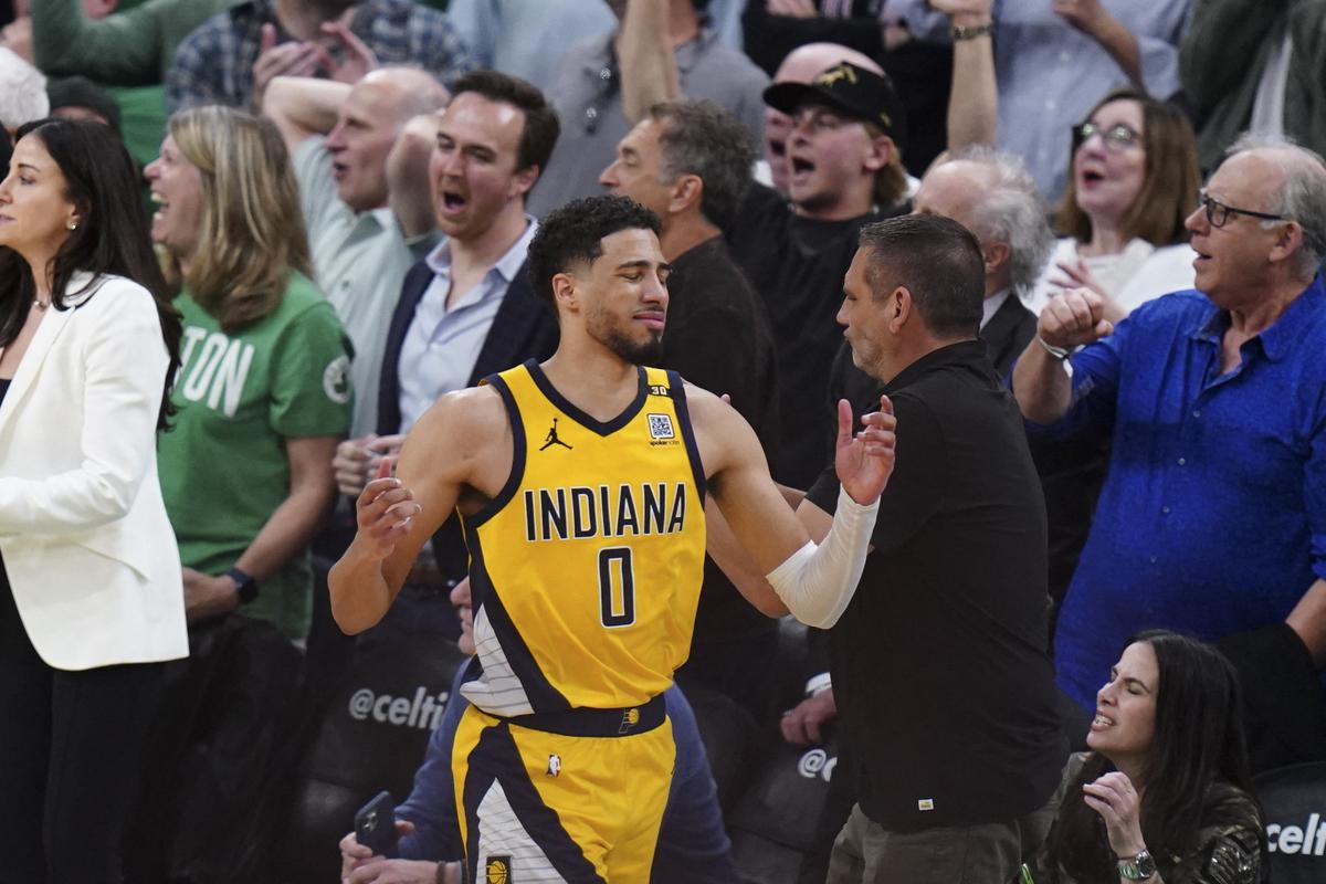 Indiana Pacers guard Tyrese Haliburton (0) reacts after missing a three point attempt against the Boston Celtics in the fourth quarter during game one of the eastern conference finals for the 2024 NBA playoffs.