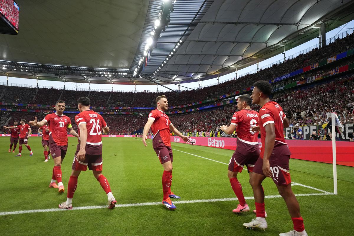Switzerland’s Dan Ndoye and team celebrate goal against Germany.