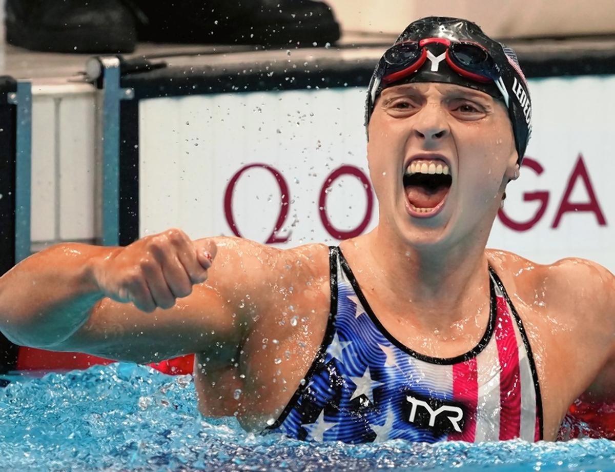 Katie Ledecky reacts after winning the women’s 1500m freestyle final at the 2020 Summer Olympics.