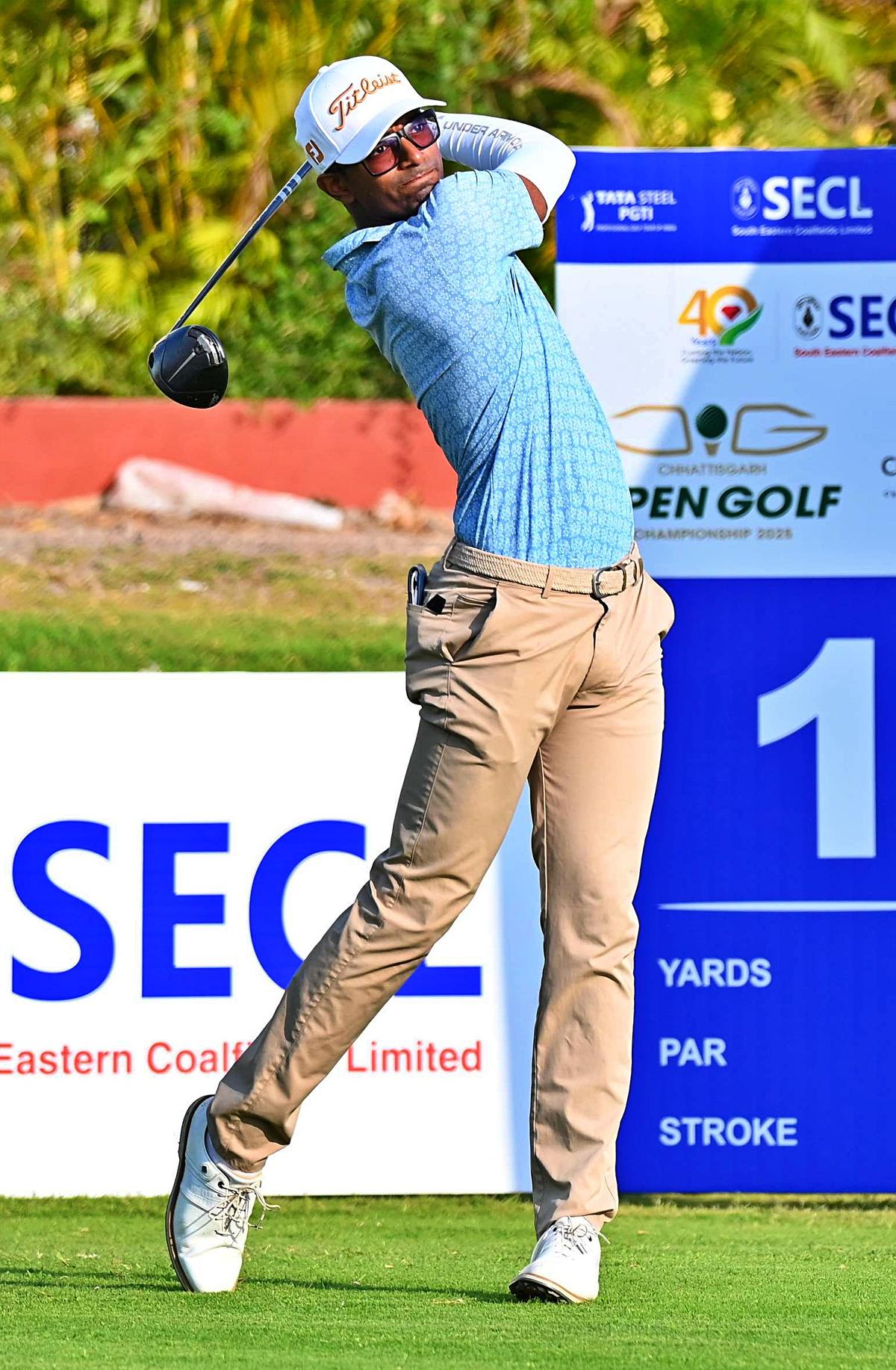 Shaurya Binu, the leader on the opening day of Chhattisgarh Open golf championship in Naya Raipur on Tuesday.