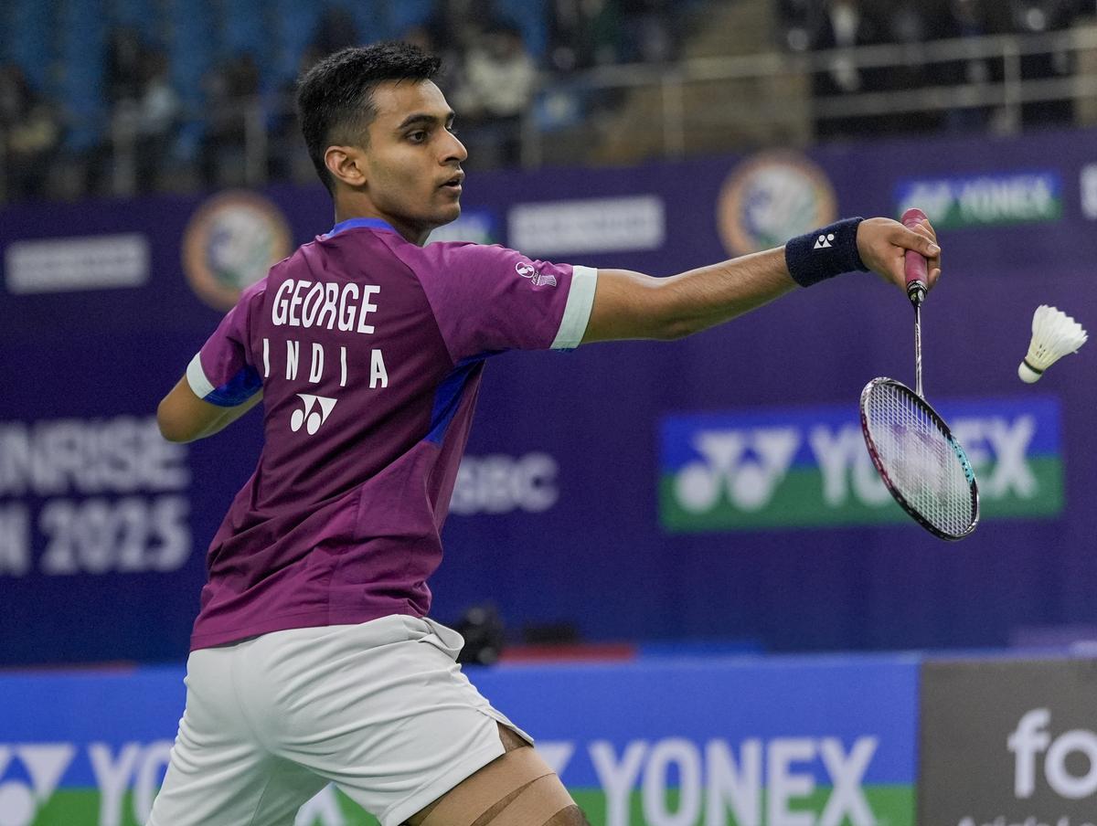 Kiran George in action against France’s Alex Lanier during their men’s singles match at India Open, at Indira Gandhi Indoor Stadium in New Delhi.