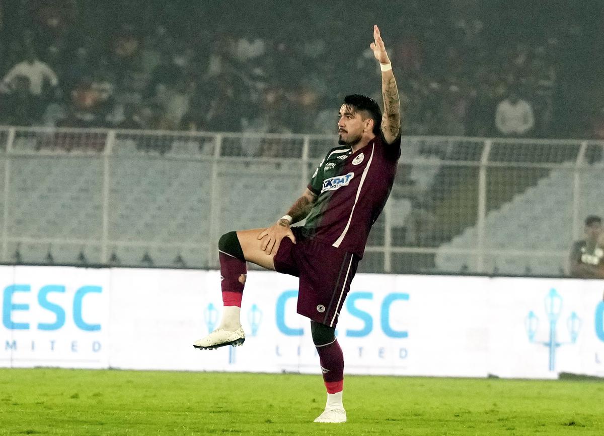 Petratos Dimitrios (9) of Mohun Bagan Super Giant celebrates after scoring a goal during an Indian Super League (ISL) 2023-24 football match, at Vivekananda Yuba Bharati Krirangan (Salt Lake Stadium) in Kolkata