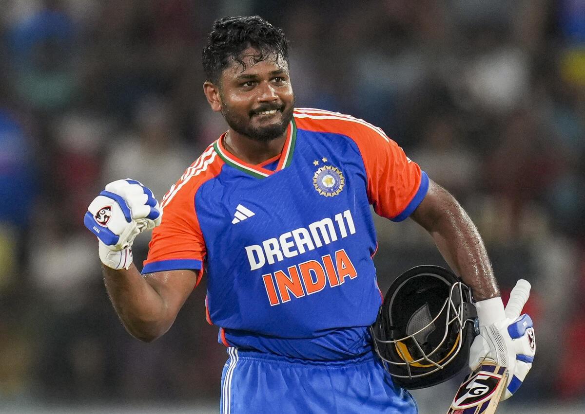 India‘s Sanju Samson celebrates his century during the third and final T20 International.