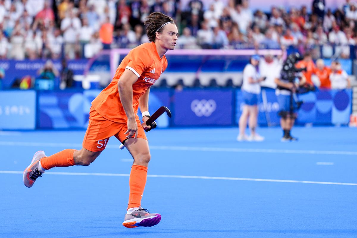 Duco Telgenkamp of the Netherlands scores a goal during the Hockey - Olympic Games Paris 2024 final match between Netherlands and Germany.