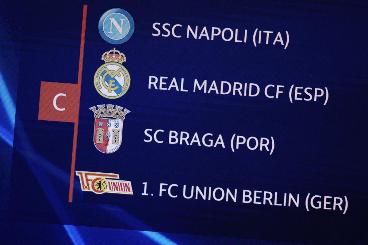 The formation of the group C is shown on a screen during the 2023/24 UEFA Champions League group stage draw at the Grimaldi Forum in Monaco.