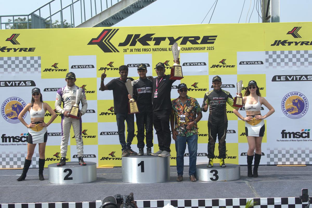 From Left to Right - Ruhaan Alva (MSport), Dhruvh Goswami (MSport), Mr. Ashutosh Kejriwal (Marketing Head JK Tyre Mexico) and Diljith T S (Dark Don Racing) celebrate their podium finish after the LGB Formula 4 races.