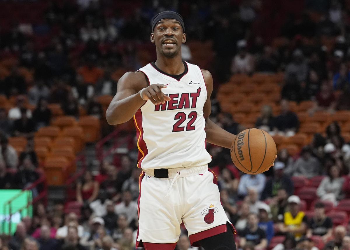 Miami Heat forward Jimmy Butler gestures. 