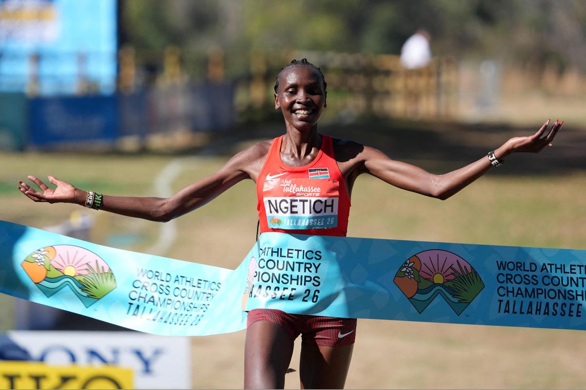 Jan 10, 2026; Tallahassee, FL, USA; Kenya’s Agnes getich won the senior women's race in 31:28s at the World Athletics Cross Country Championships at Apalachee Regional Park in Tallahassee, Florida, USA, on Saturday.