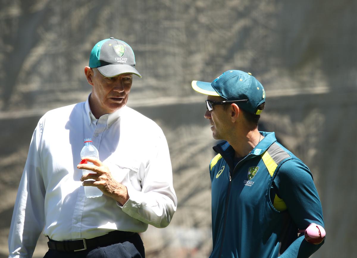 Greg Chappell, then as selector, speaks with Justin Langer, during an Australian nets session at Adelaide Oval on December 04, 2018.