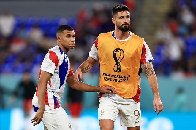 Kylian Mbappe (L) and Olivier Giroud during warm up. Giroud needs one goal to become the all-time top scorer for France.
