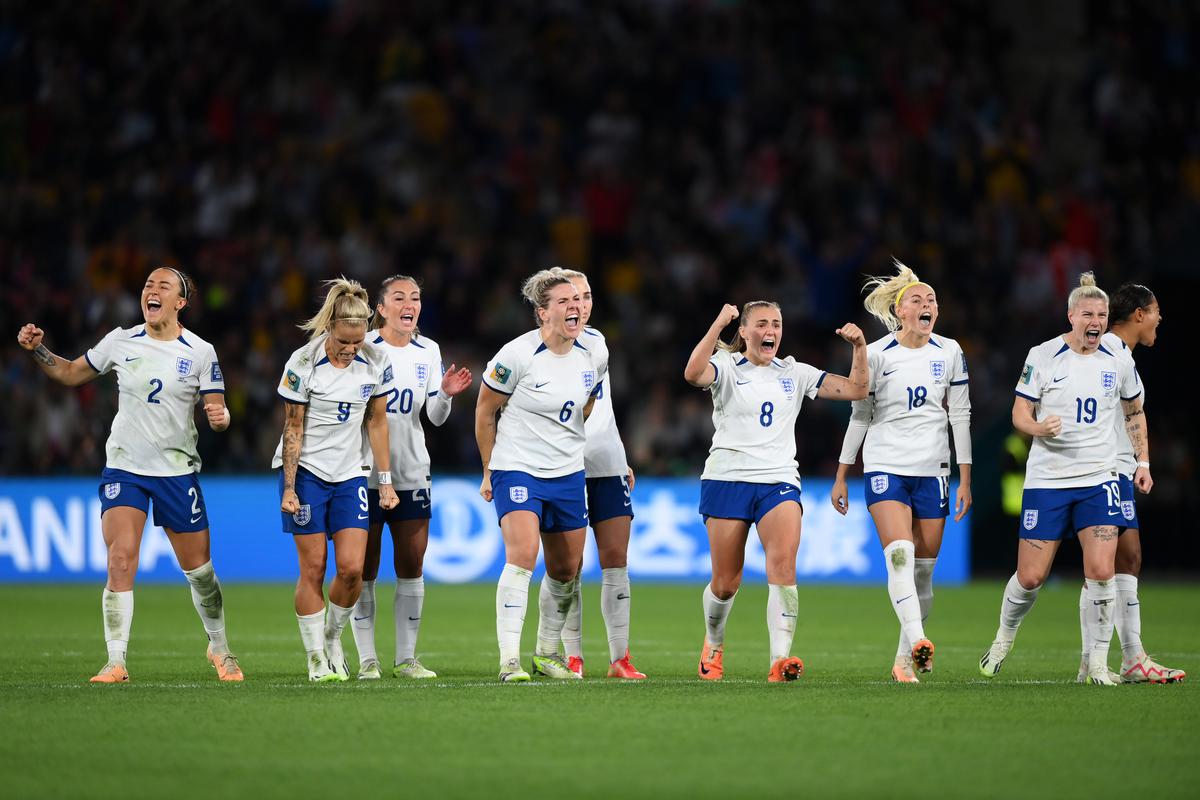 England players celebrate during the FIFA Women’s World Cup. 
