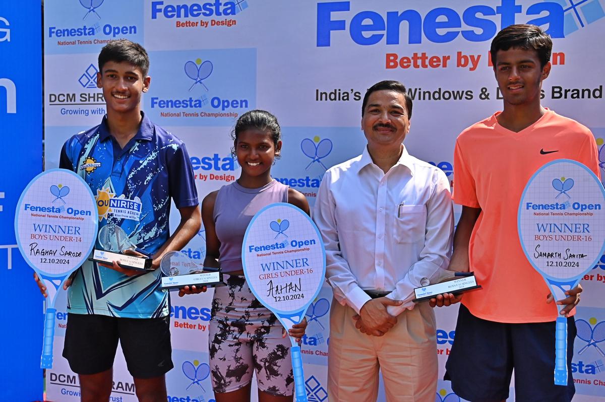 (left to right) Champions Raghav Sarode, Aahan and Samarth Sahita with the CEO of Fenesta, Saket Jain, in the National sub-junior tennis championship in Delhi on Saturday. 