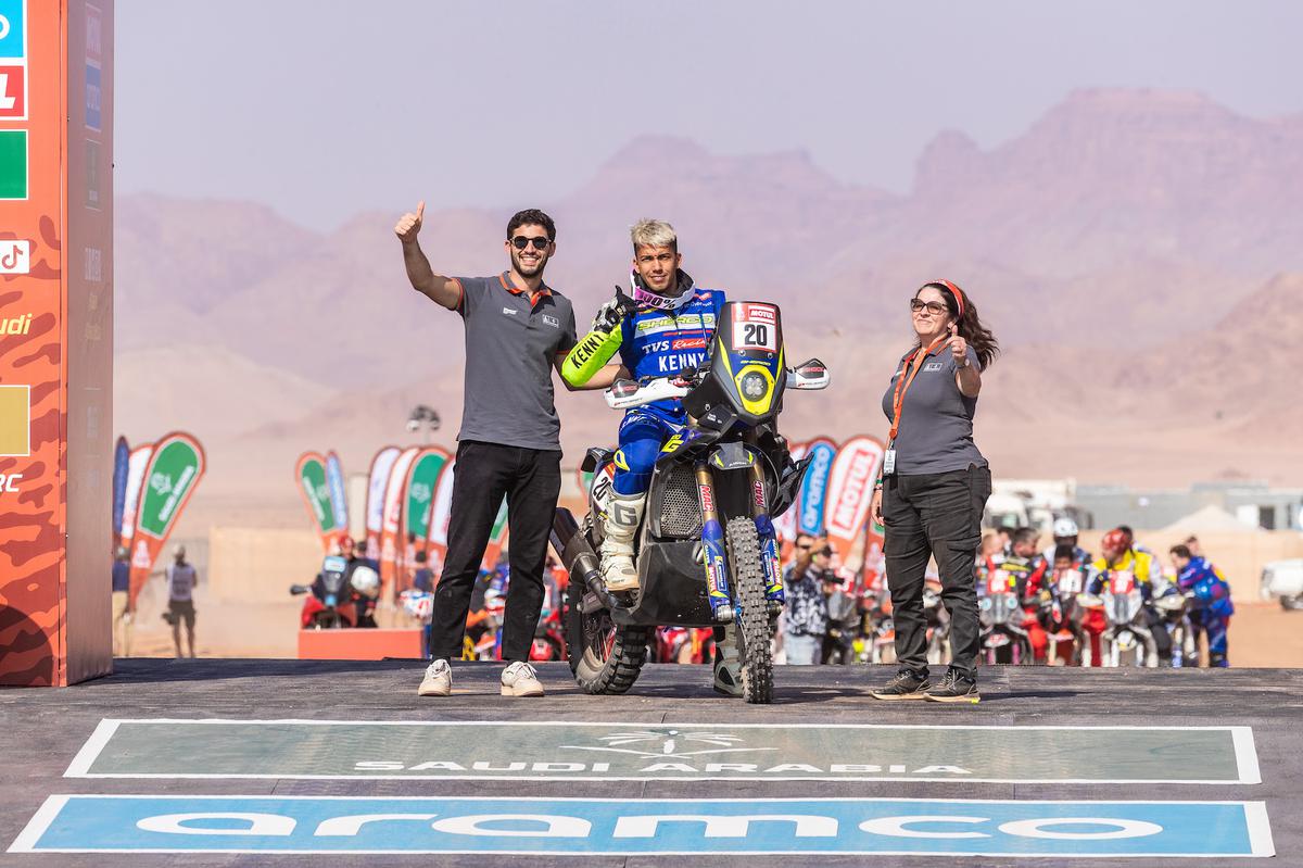 Harith Noah celebrating on the podium after winning the Rally 2 class at the Dakar Rally last month.