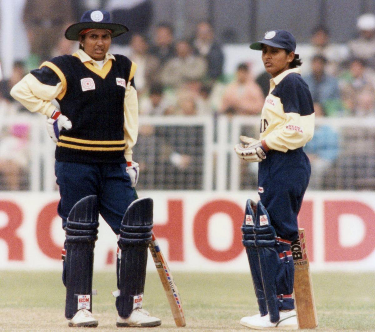 India women’s team players Smitha Harikrishna and Anju Jain (R) during the Hero Honda Women's World Cup ODI match against West Indies in Faridabad.