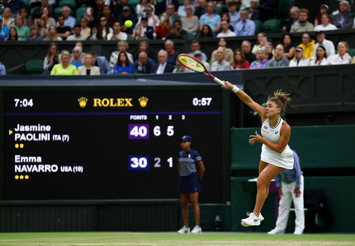 Paolini in action during her quarterfinal match against Emma Navarro in the Wimbledon Championships.