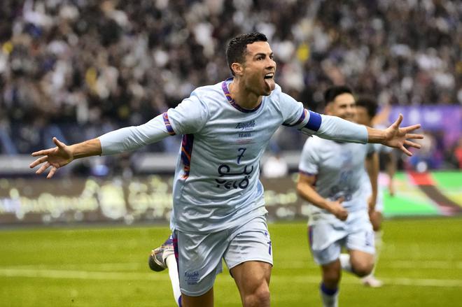 Riyadh: Cristiano Ronaldo celebrates after scoring his side’s second goal playing for a combined XI of Saudi Arabian teams Al Nassr and PSG during a friendly soccer match, at the King Fahd Stadium, in Riyadh, Saudi Arabi.