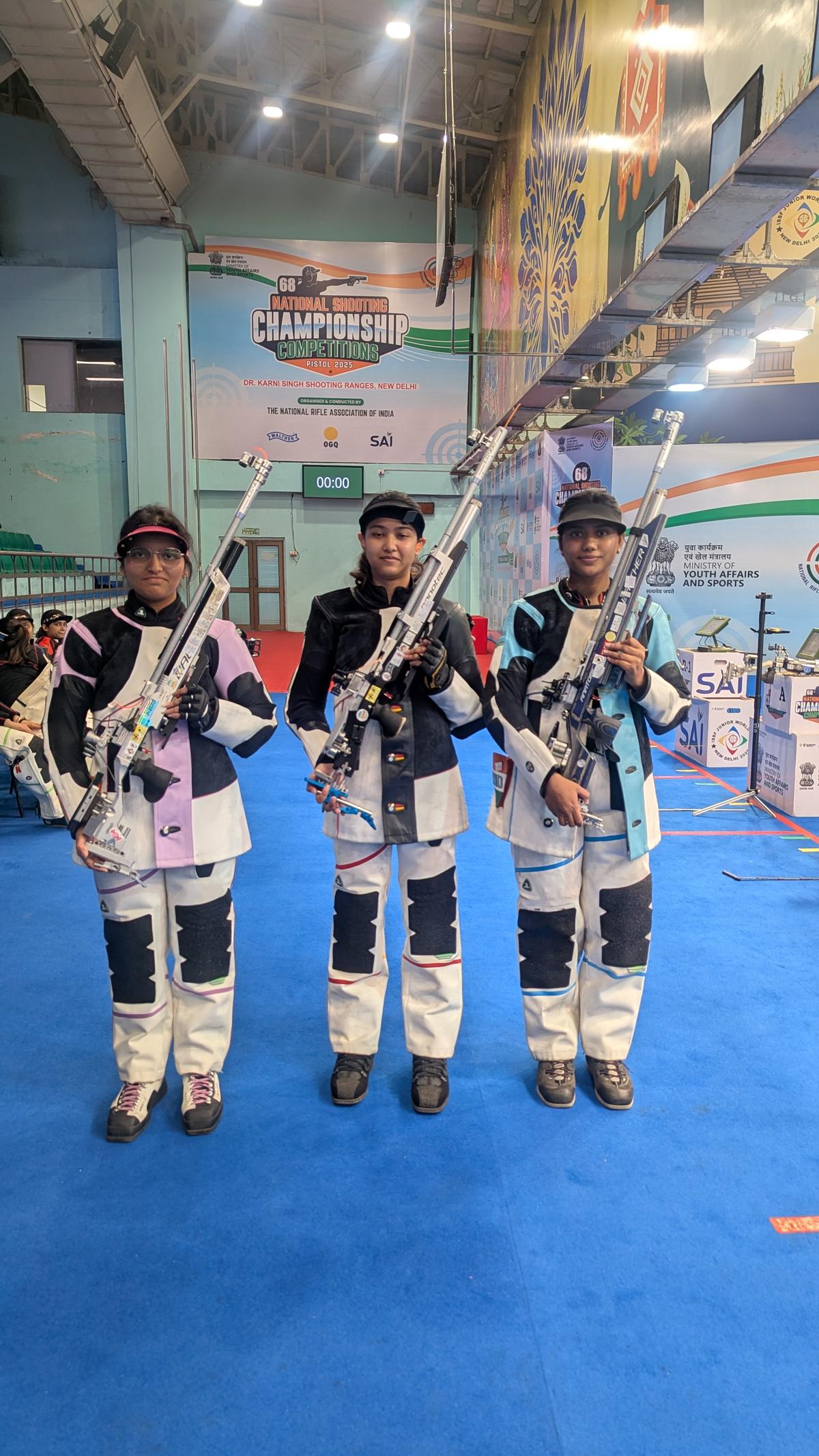 Tilottama Sen (centre) continued her remarkable run at the National Selection Trials 1&2 Group A, claiming the top spot in the 10m Air Rifle Women (ARW) Trial 1