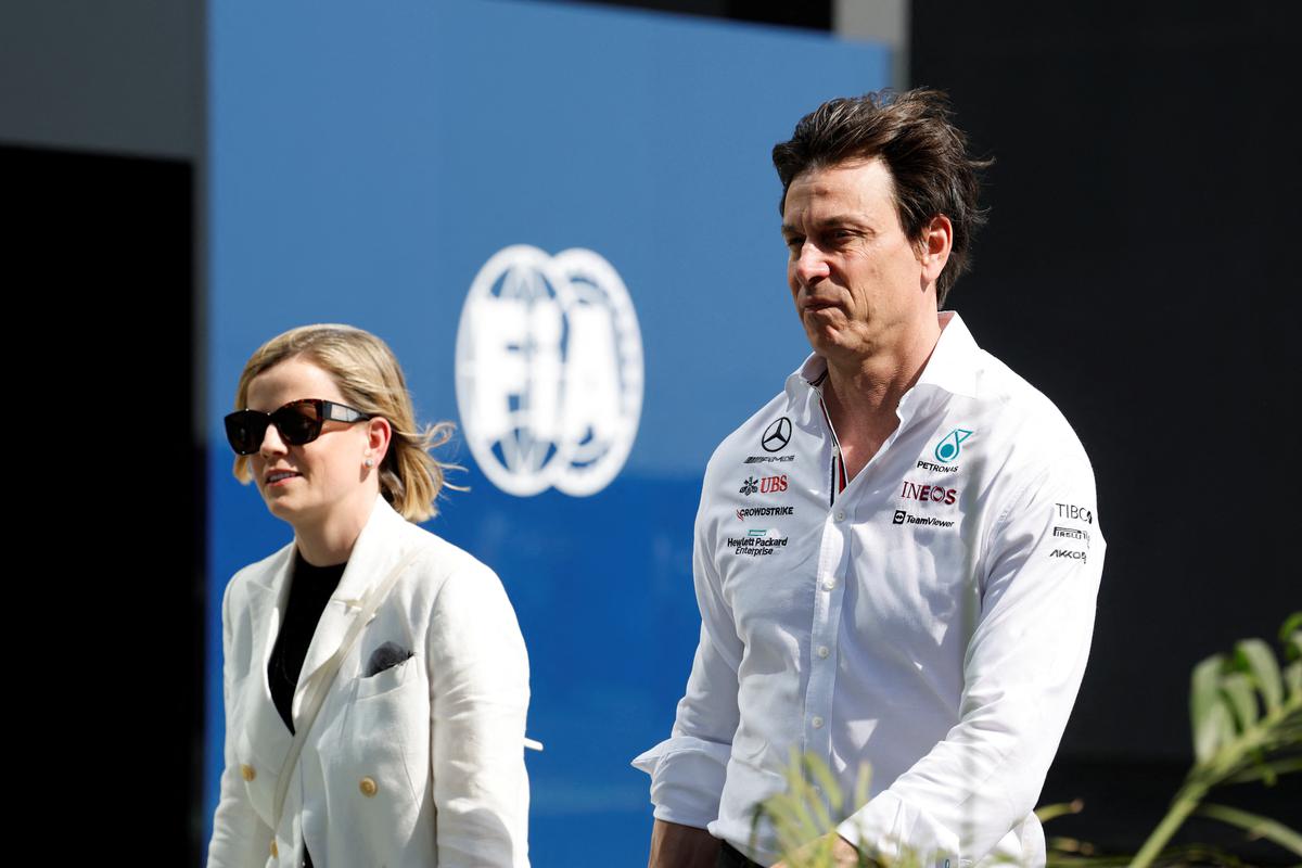 FILE PHOTO: Mercedes’ team principal Toto Wolff and wife Susie Wolff ahead of the Saudi Arabia Grand Prix at Jeddah, Saudi Arabia