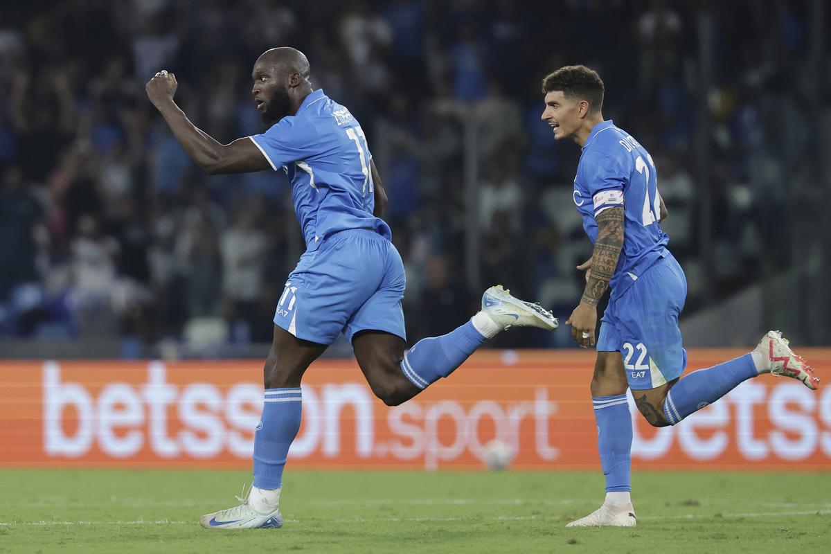 Napoli’s Romelu Lukaku celebrates after scoring a goal during the Serie A match between Napoli and Parma at the Diego Armando Maradona Stadium in Naples.