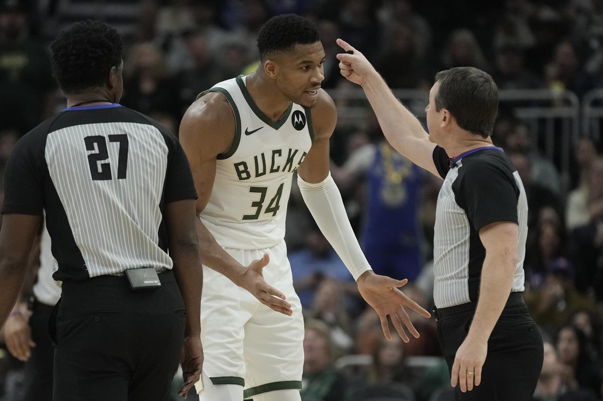 Milwaukee Bucks’ Giannis Antetokounmpo is ejected from the game during the second half of an NBA basketball game against the Detroit Pistons.