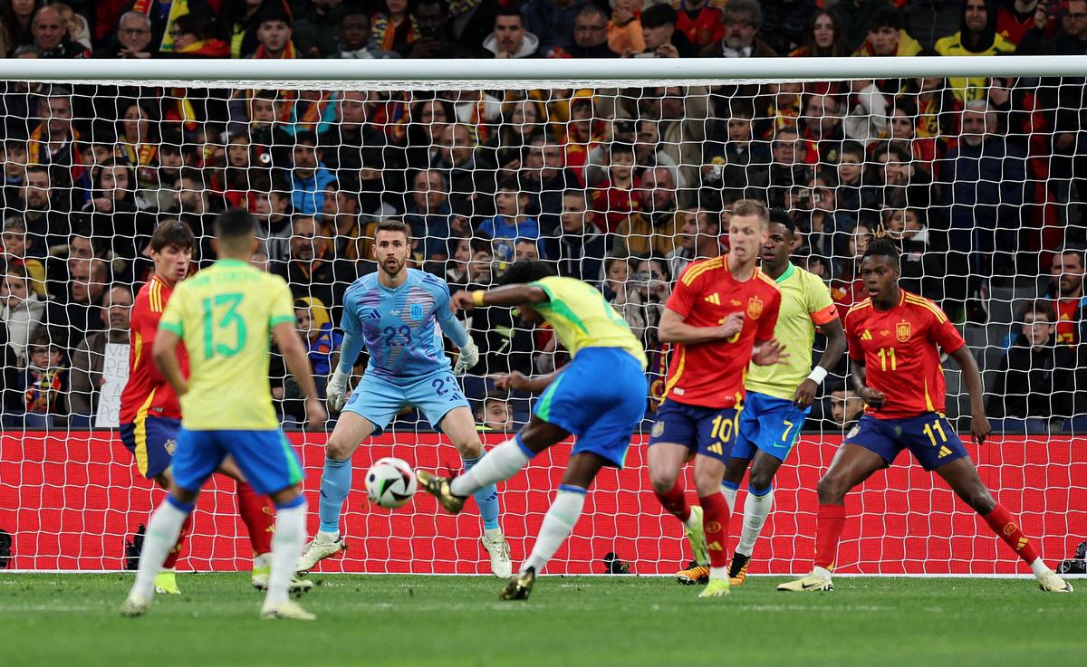 Is it a fly, is it a plane? Endrick delivers a bullet of a shot to score his second goal for Brazil in an international friendly against Spain. 