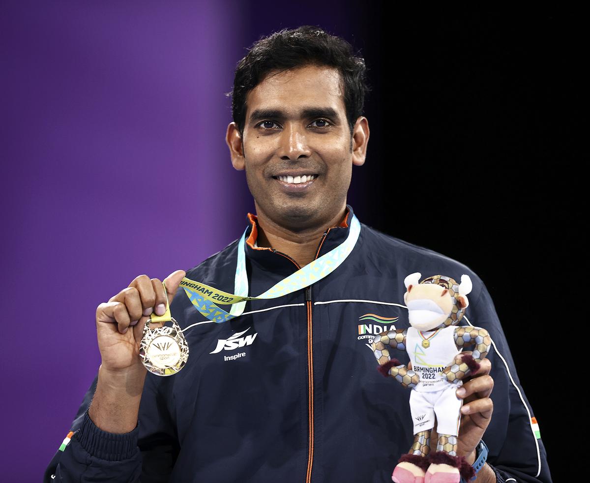 Sharath Kamal during the men’s singles medal ceremony at Birmingham 2022.