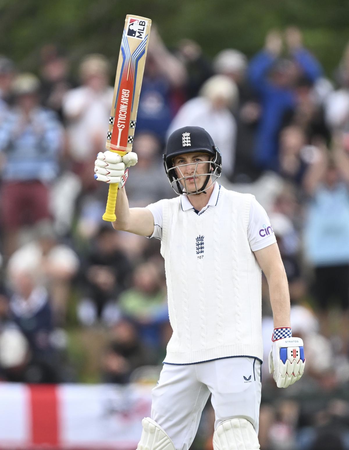 Brook reacts after scoring a 150 runs during the third day of the first Test between England and New Zealand at Hagley Oval in Christchurch.