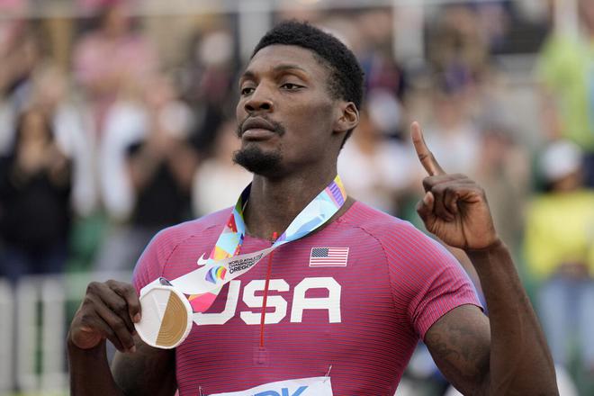 Fred Kerley, of the United States, celebrates after wining the final in the men’s 100-meter run at the World Athletics Championships.